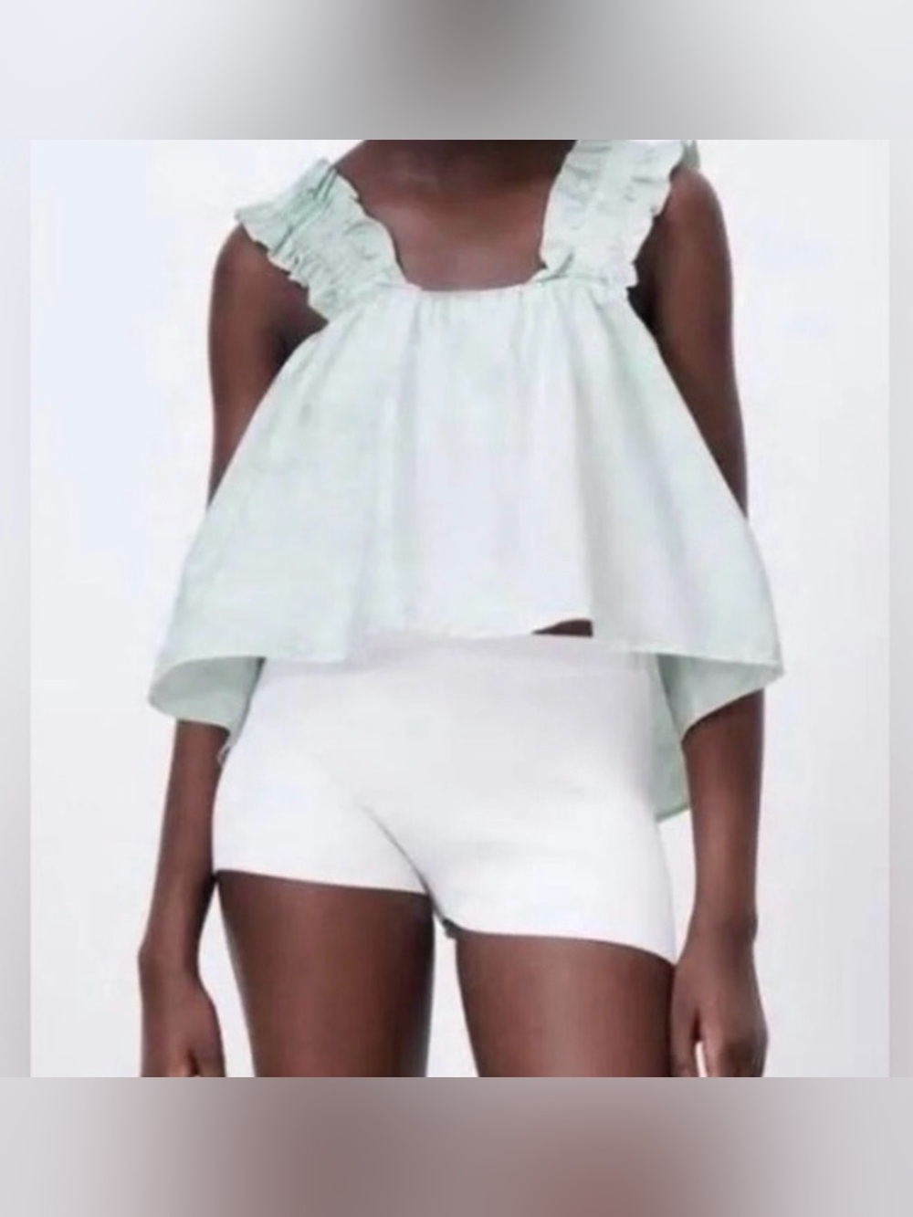 Zara Top Marble Tie Dye Babydoll Light Sage Green White Ruffle Strap Crop Top M